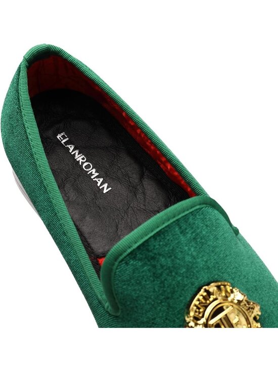 ELANROMAN Men\'s Olive Velvet Loafers Dress Gold Buckle Wedding Party Prom Shoes